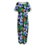 Blue Hawaiian Wildflowers Pattern Print Short Sleeve Long Nightdress