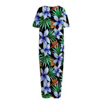 Blue Hawaiian Wildflowers Pattern Print Short Sleeve Long Nightdress