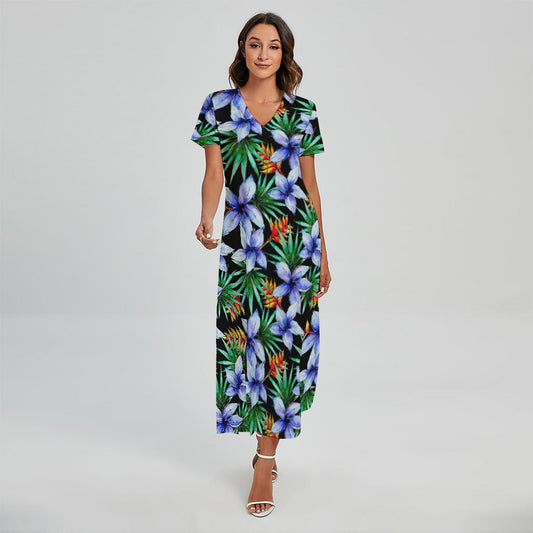 Blue Hawaiian Wildflowers Pattern Print Short Sleeve Maxi Dress