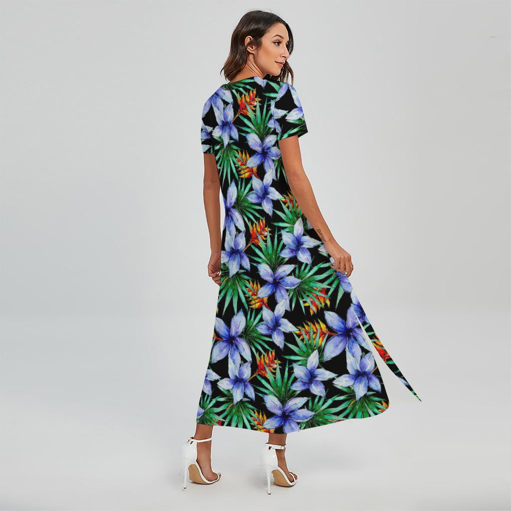 Blue Hawaiian Wildflowers Pattern Print Short Sleeve Maxi Dress