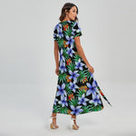 Blue Hawaiian Wildflowers Pattern Print Short Sleeve Maxi Dress