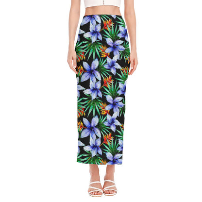 Blue Hawaiian Wildflowers Pattern Print Side Slit Maxi Skirt