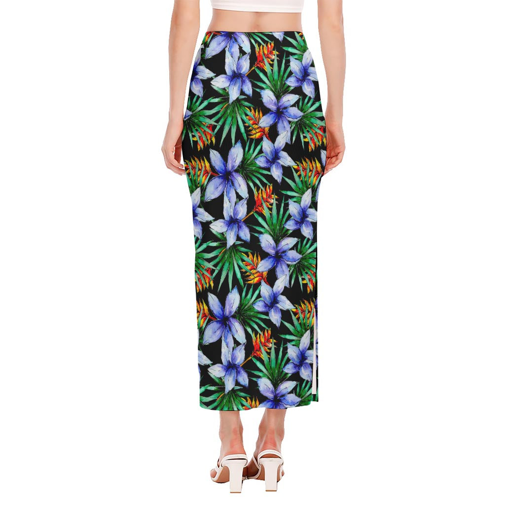 Blue Hawaiian Wildflowers Pattern Print Side Slit Maxi Skirt