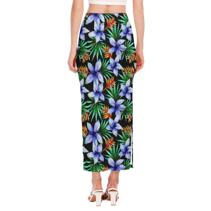 Blue Hawaiian Wildflowers Pattern Print Side Slit Maxi Skirt