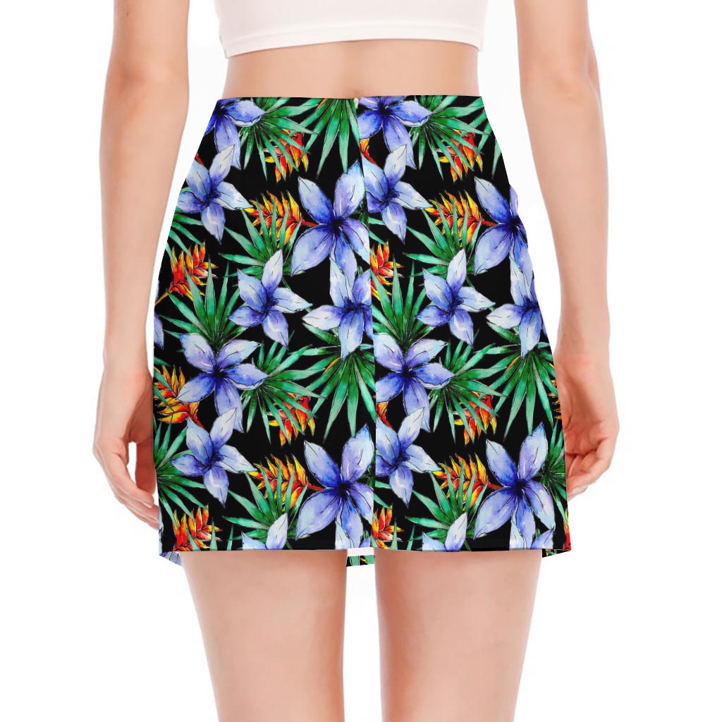 Blue Hawaiian Wildflowers Pattern Print Side Slit Mini Skirt
