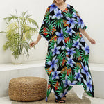 Blue Hawaiian Wildflowers Pattern Print Silk V-Neck Kaftan Dress