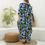 Blue Hawaiian Wildflowers Pattern Print Silk V-Neck Kaftan Dress