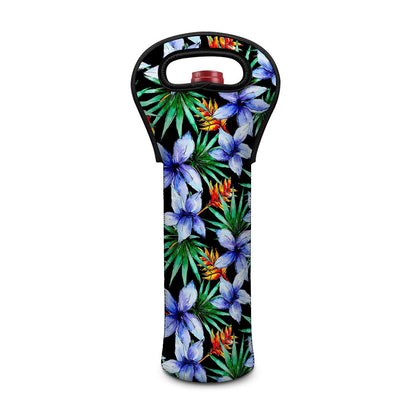 Blue Hawaiian Wildflowers Pattern Print Single Neoprene Wine Tote
