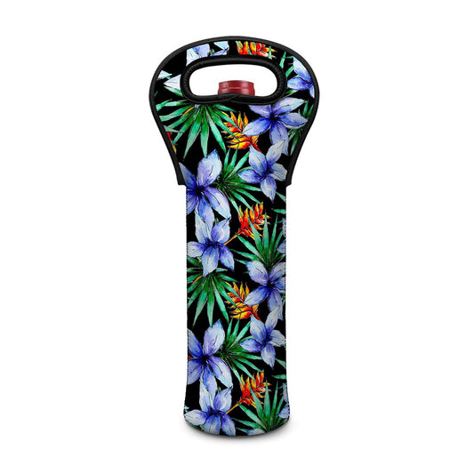 Blue Hawaiian Wildflowers Pattern Print Single Neoprene Wine Tote