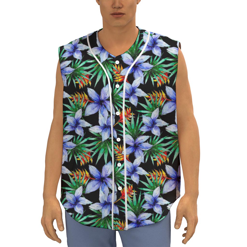 Blue Hawaiian Wildflowers Pattern Print Sleeveless Baseball Jersey