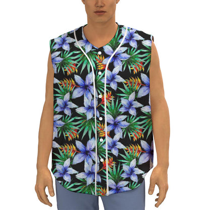 Blue Hawaiian Wildflowers Pattern Print Sleeveless Baseball Jersey