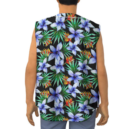 Blue Hawaiian Wildflowers Pattern Print Sleeveless Baseball Jersey