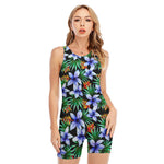 Blue Hawaiian Wildflowers Pattern Print Sleeveless One Piece Swimsuit