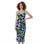 Blue Hawaiian Wildflowers Pattern Print Slim Fit Midi Cami Dress