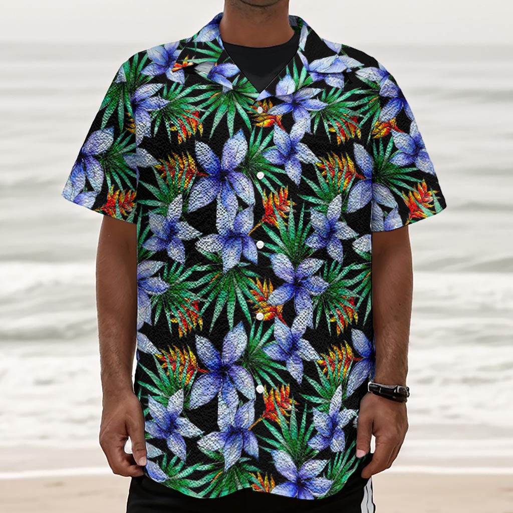 Blue Hawaiian Wildflowers Pattern Print Textured Short Sleeve Shirt