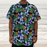 Blue Hawaiian Wildflowers Pattern Print Textured Short Sleeve Shirt
