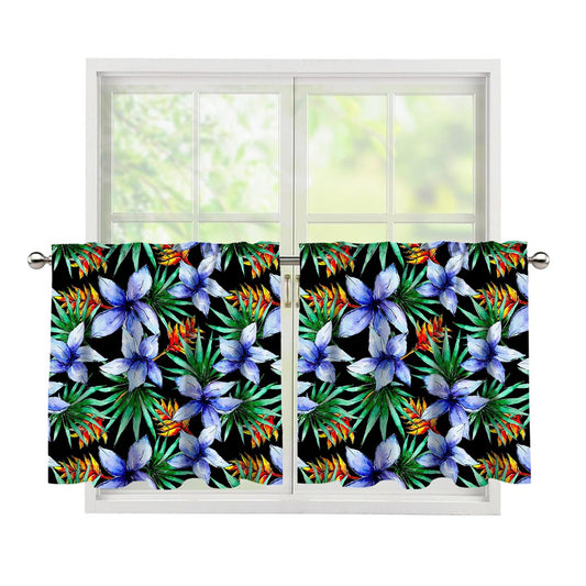 Blue Hawaiian Wildflowers Pattern Print Tier Curtains