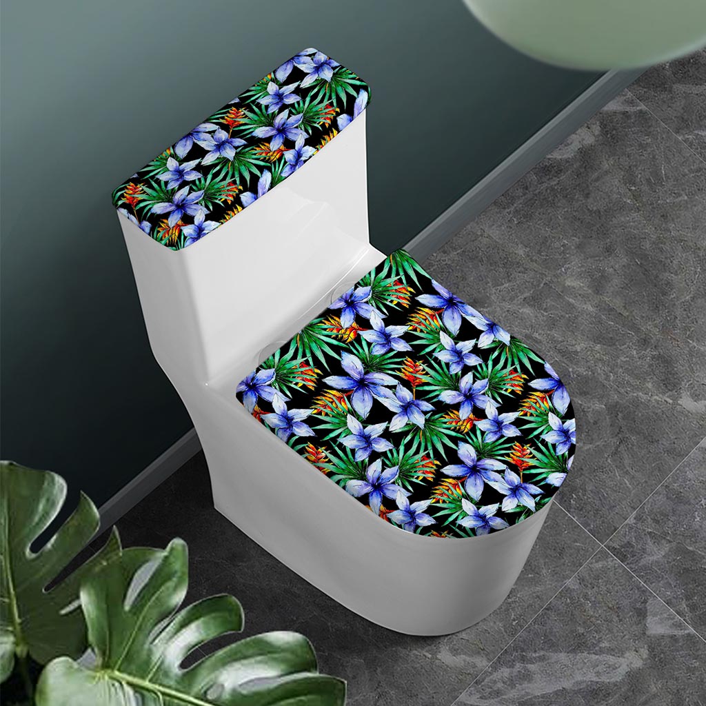 Blue Hawaiian Wildflowers Pattern Print Toilet Lid And Tank Cover Set