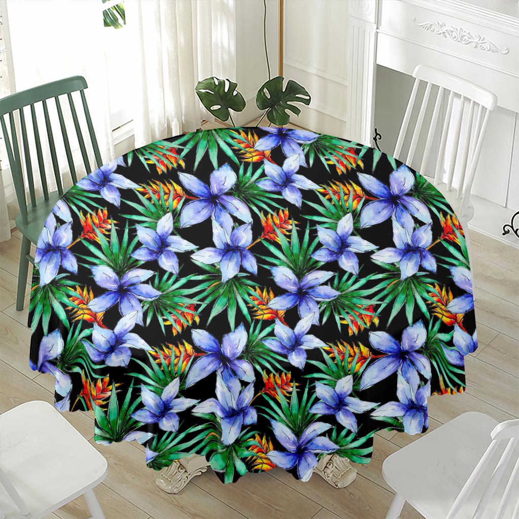 Blue Hawaiian Wildflowers Pattern Print Waterproof Round Tablecloth