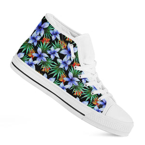 Blue Hawaiian Wildflowers Pattern Print White High Top Sneakers