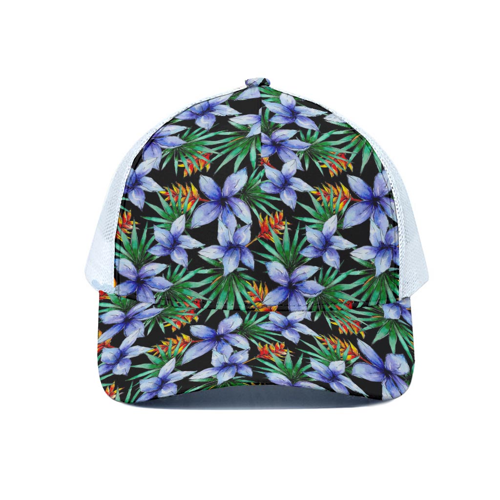 Blue Hawaiian Wildflowers Pattern Print White Mesh Trucker Cap