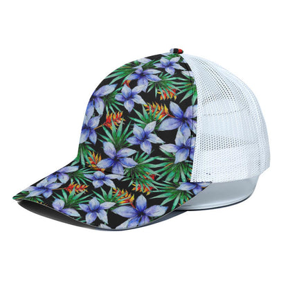 Blue Hawaiian Wildflowers Pattern Print White Mesh Trucker Cap
