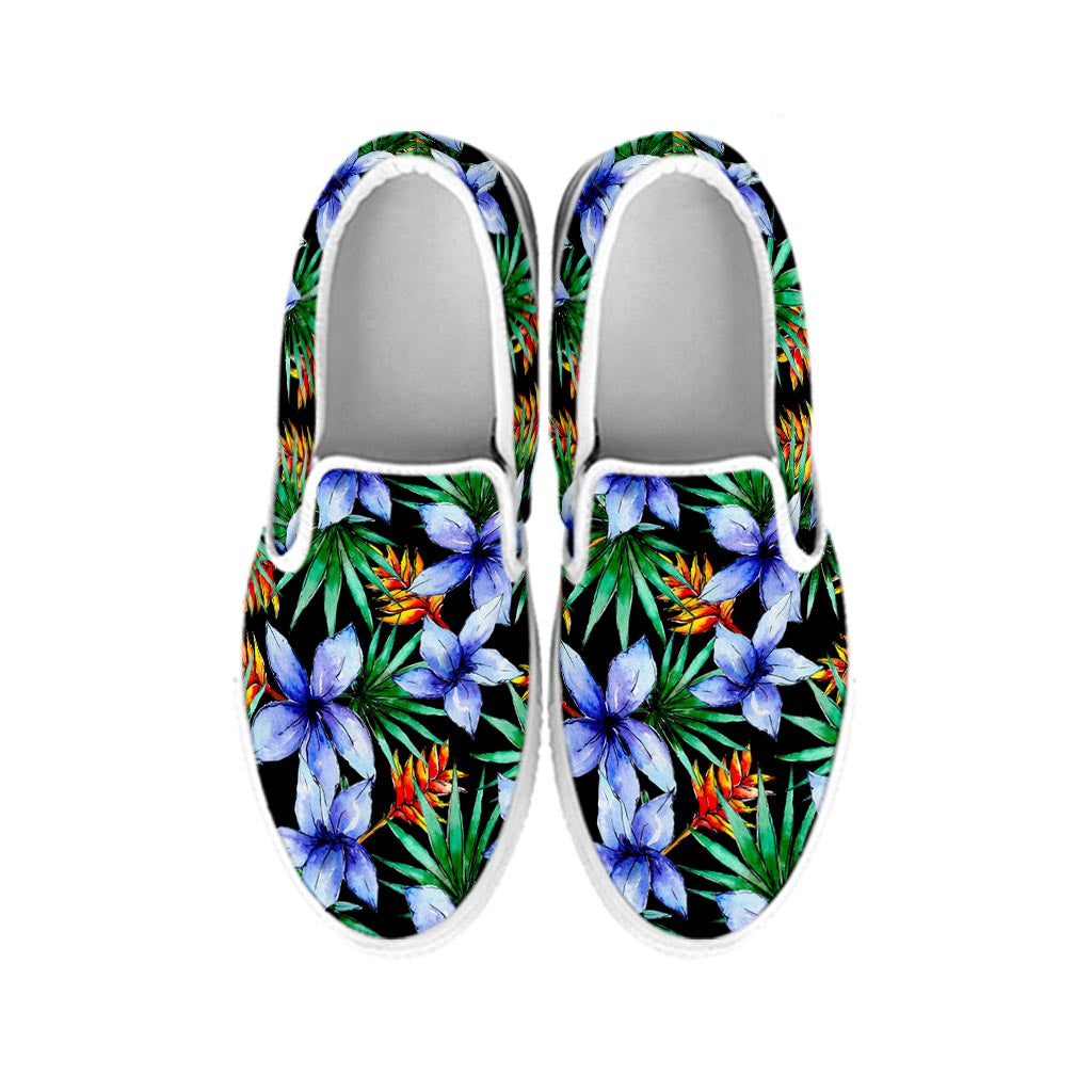 Blue Hawaiian Wildflowers Pattern Print White Slip On Sneakers