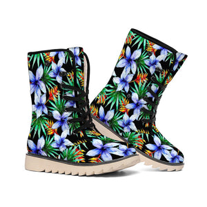 Blue Hawaiian Wildflowers Pattern Print Winter Boots