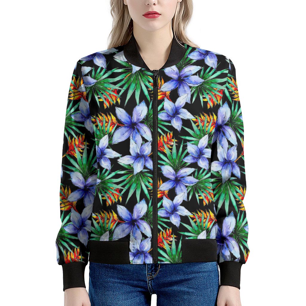 Blue Hawaiian Wildflowers Pattern Print Women's Bomber Jacket