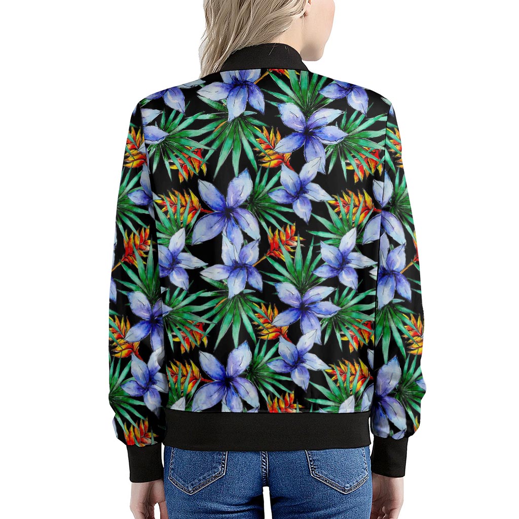 Blue Hawaiian Wildflowers Pattern Print Women's Bomber Jacket