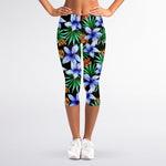 Blue Hawaiian Wildflowers Pattern Print Women's Capri Leggings