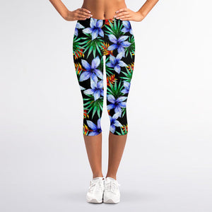 Blue Hawaiian Wildflowers Pattern Print Women's Capri Leggings