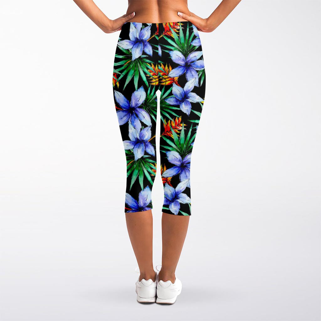 Blue Hawaiian Wildflowers Pattern Print Women's Capri Leggings