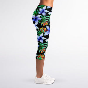 Blue Hawaiian Wildflowers Pattern Print Women's Capri Leggings