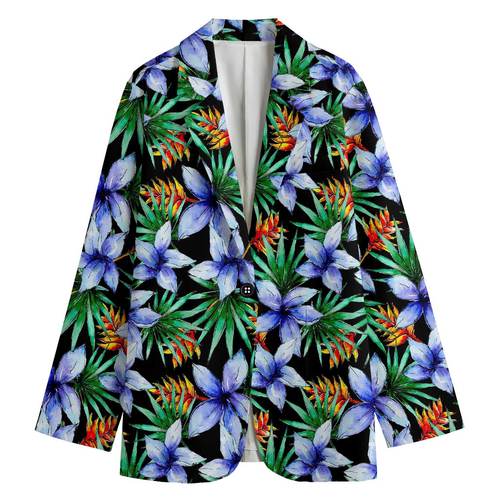 Blue Hawaiian Wildflowers Pattern Print Women's Cotton Blazer