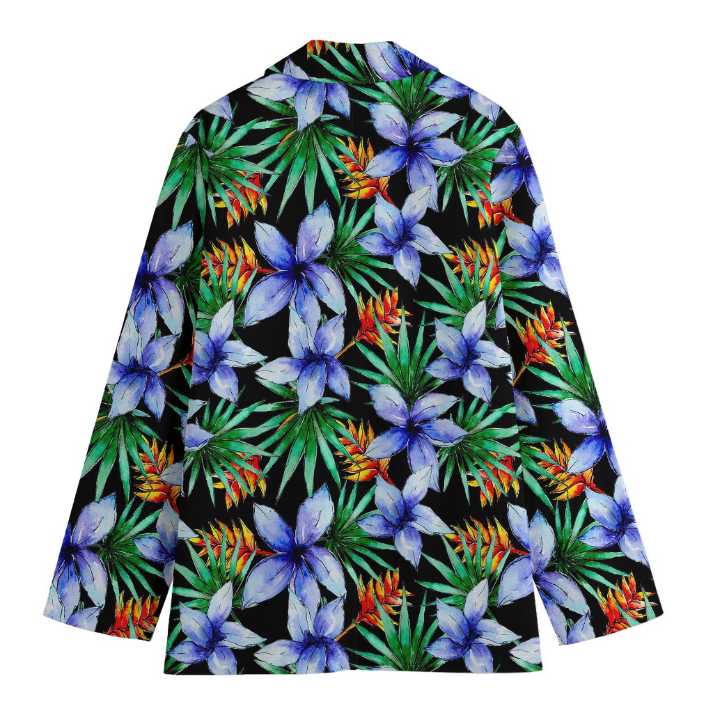 Blue Hawaiian Wildflowers Pattern Print Women's Cotton Blazer