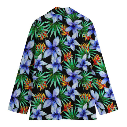 Blue Hawaiian Wildflowers Pattern Print Women's Cotton Blazer