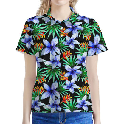 Blue Hawaiian Wildflowers Pattern Print Women's Polo Shirt
