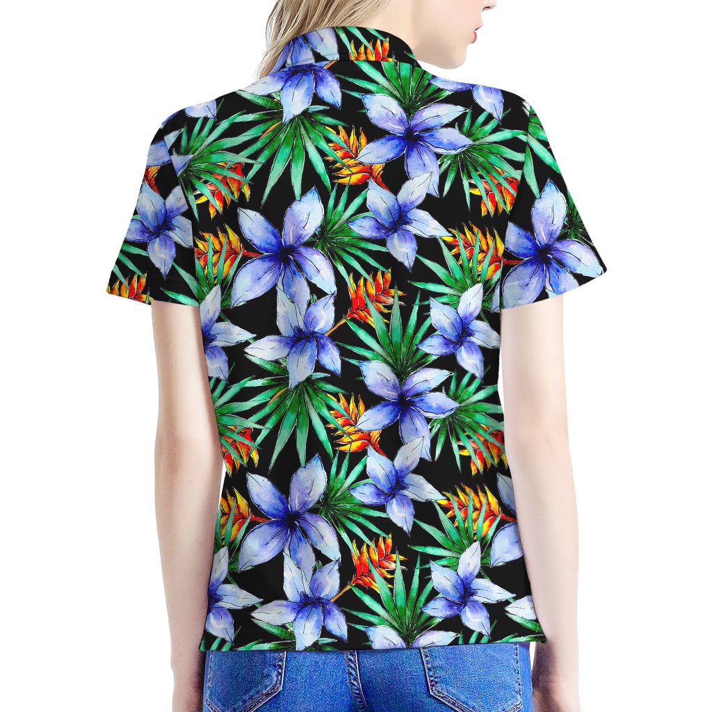 Blue Hawaiian Wildflowers Pattern Print Women's Polo Shirt