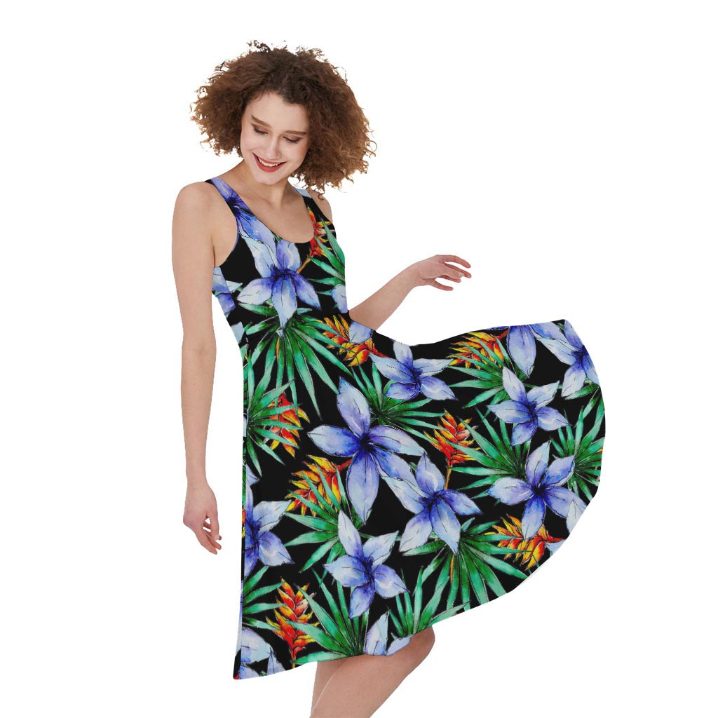 Blue Hawaiian Wildflowers Pattern Print Women's Sleeveless Dress