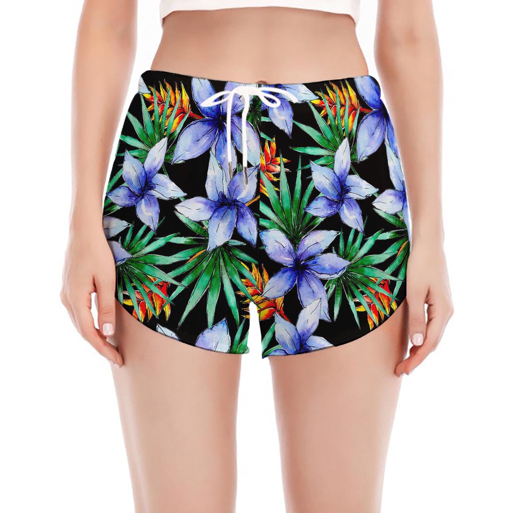 Blue Hawaiian Wildflowers Pattern Print Women's Split Running Shorts