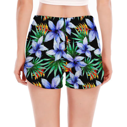 Blue Hawaiian Wildflowers Pattern Print Women's Split Running Shorts