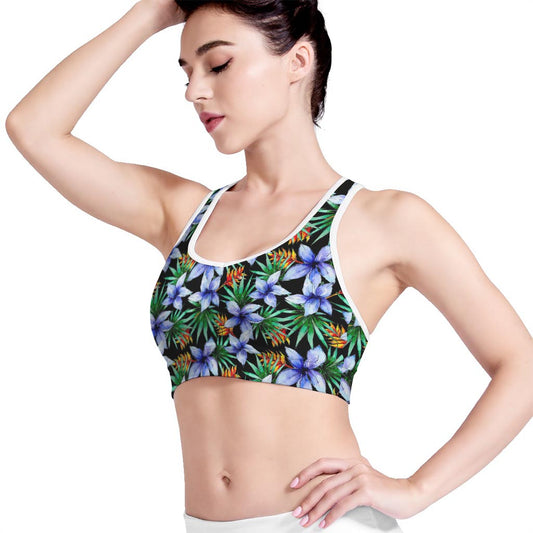 Blue Hawaiian Wildflowers Pattern Print Women's Sports Bra