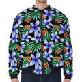 Blue Hawaiian Wildflowers Pattern Print Zip Sleeve Bomber Jacket