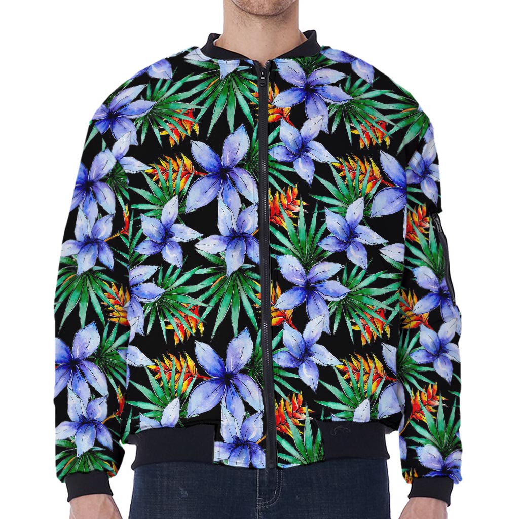 Blue Hawaiian Wildflowers Pattern Print Zip Sleeve Bomber Jacket