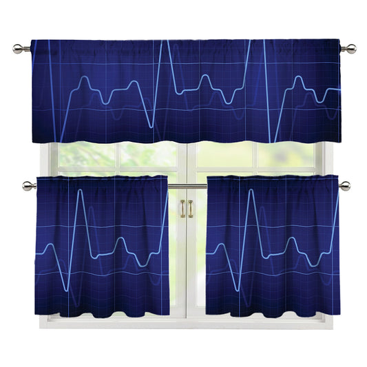 Blue Heartbeat Print 3 Piece Kitchen Curtains