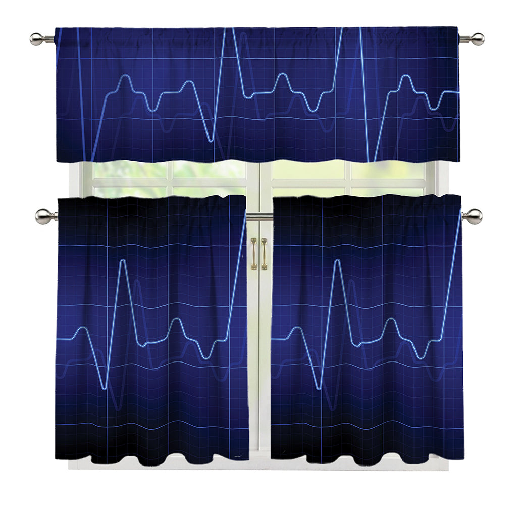 Blue Heartbeat Print 3 Piece Kitchen Curtains