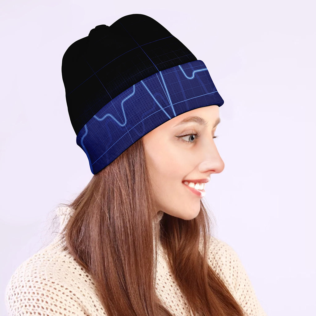 Blue Heartbeat Print Beanie