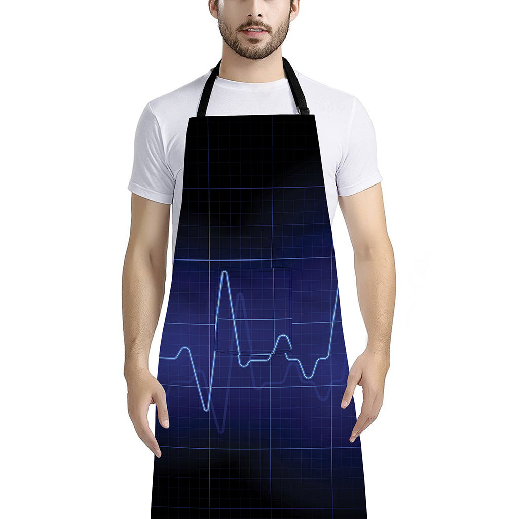 Blue Heartbeat Print Bib Apron With Pocket