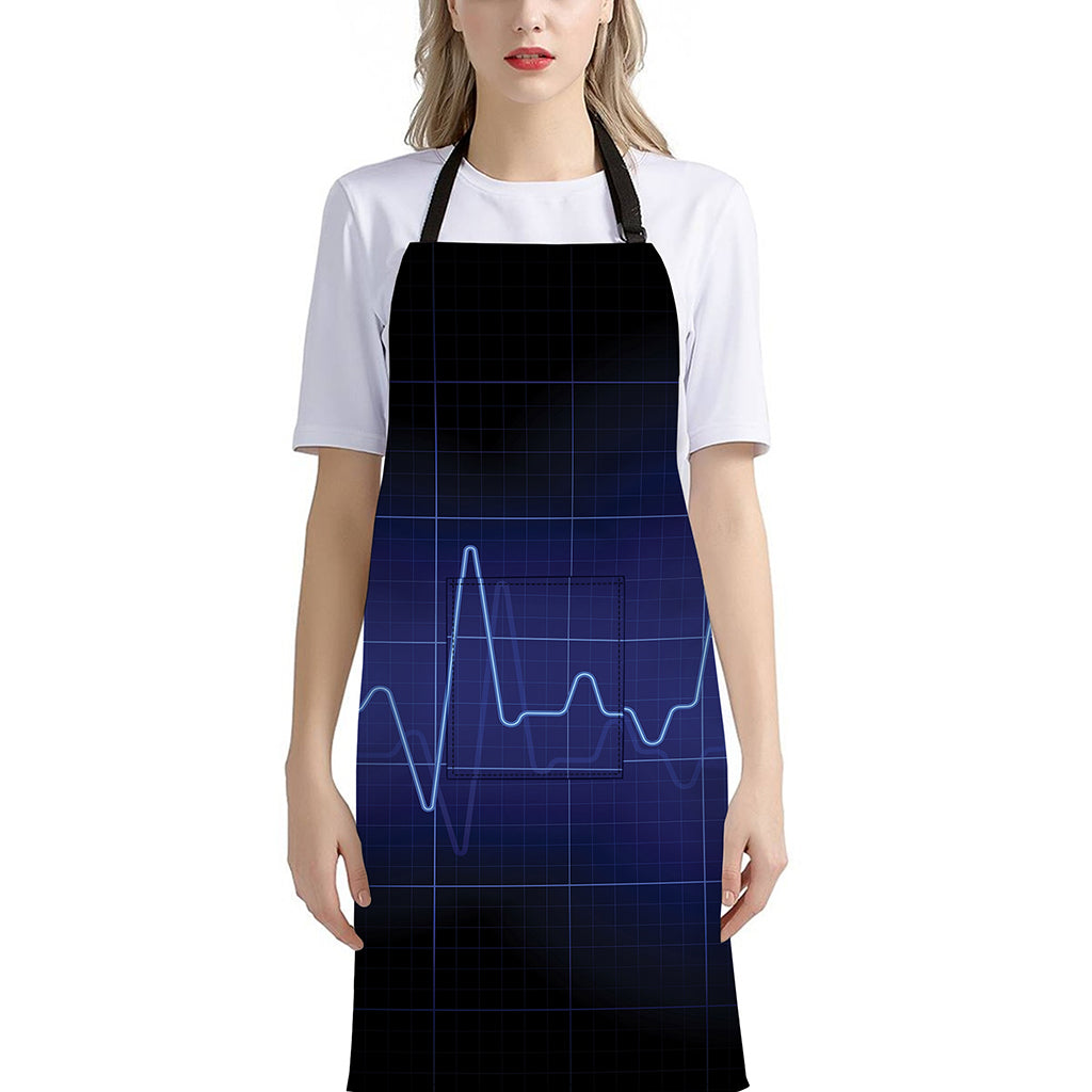 Blue Heartbeat Print Bib Apron With Pocket
